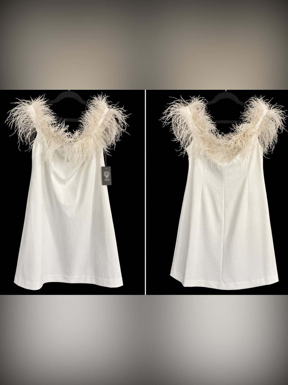 Vince Camuto Feather Trim Ivory Dress NWT Bridal Bachelorette Size L MSRP $179